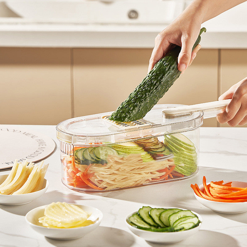 Multifunction Vegetable Chopper with Container – 3-Blade Slicer & Dicer Kitchen Tool with Basket & Cleaning Brush