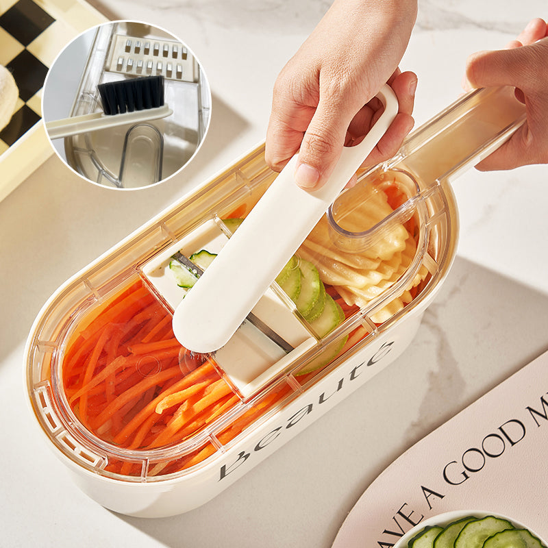 Multifunction Vegetable Chopper with Container – 3-Blade Slicer & Dicer Kitchen Tool with Basket & Cleaning Brush