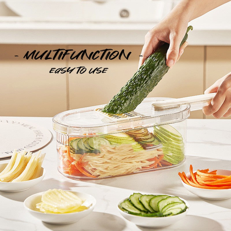 Multifunction Vegetable Chopper with Container – 3-Blade Slicer & Dicer Kitchen Tool with Basket & Cleaning Brush